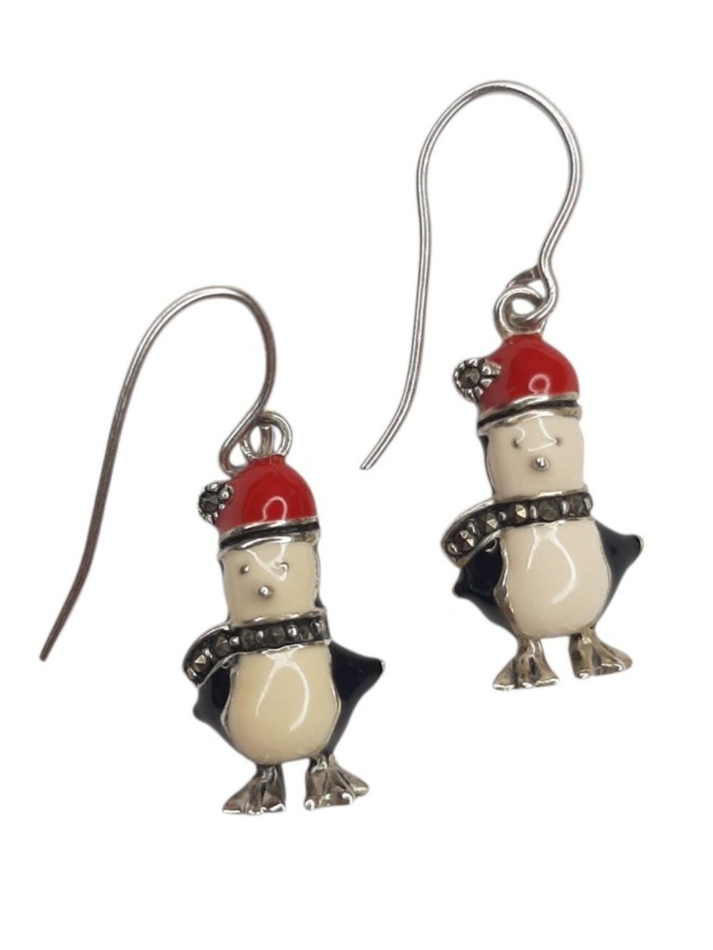Sterling Silver 925 Penguins Dangle Earrings with Marcasite and Enamel Christmas